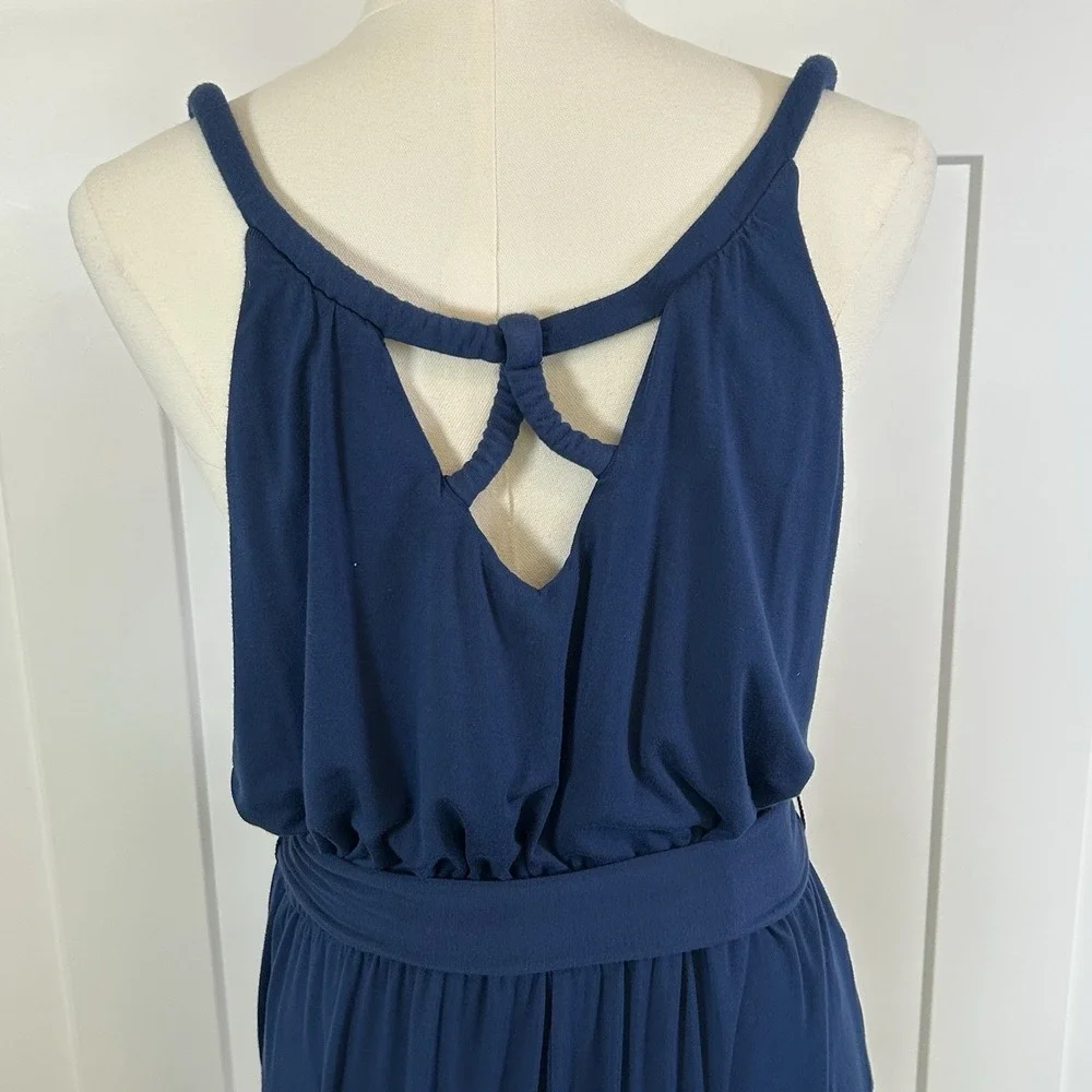 LOFT Blue Wide Leg Jumpsuit Women's LARGE Elastic Waist Pockets Strappy Back - Picture 6 of 11